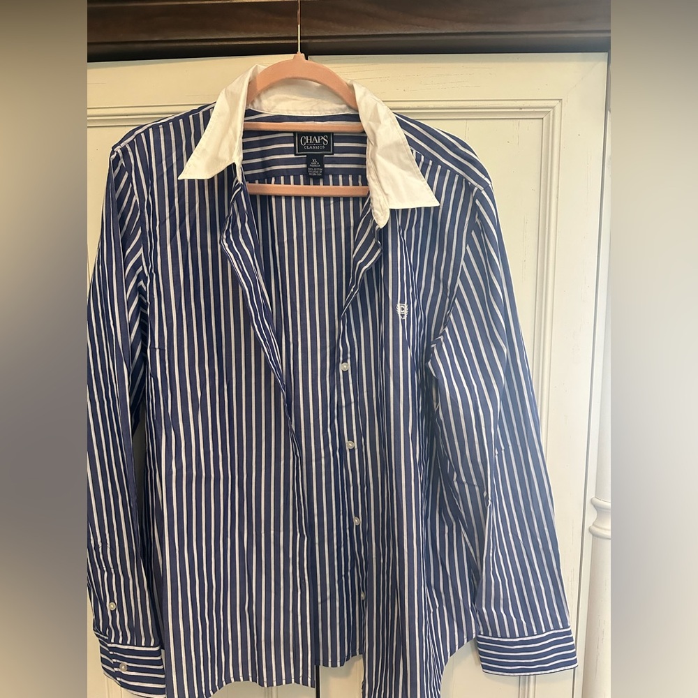 NWOT Chaps Navy & White Striped Dress Shirt with White Contrast Collar XL
